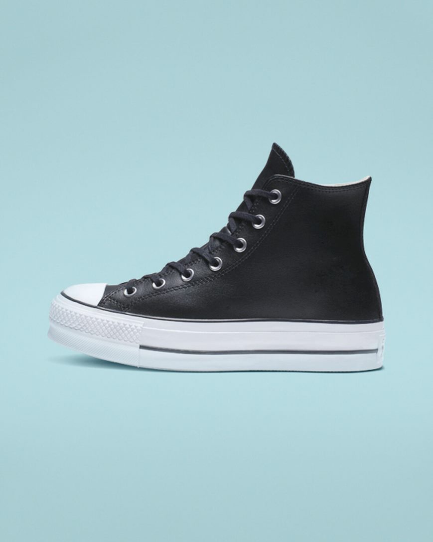 Dámské Boty Na Platformy Converse Chuck Taylor All Star Lift Læder Vysoké Černé Bílé | CZ QTLH67